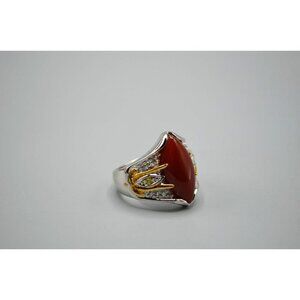 Red Stone Cocktail Ring Pointed Oval Gold Vermeil Sterling Silver 925 NH Size 9